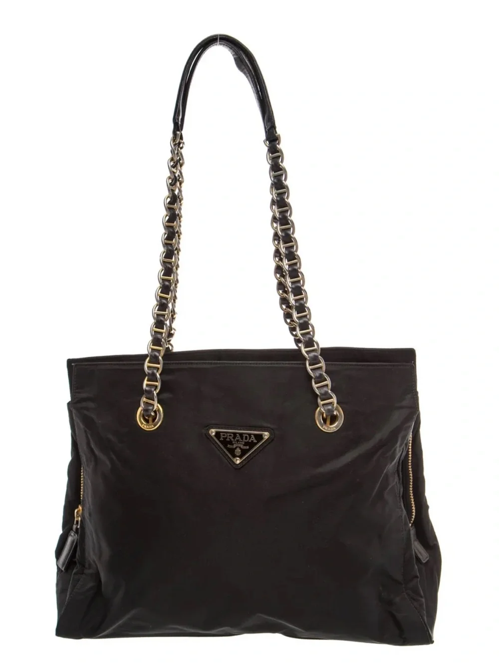 Authentic Prada Black Nylon Shoulder Bag with Gold Chain Straps - Picture 1 of 7